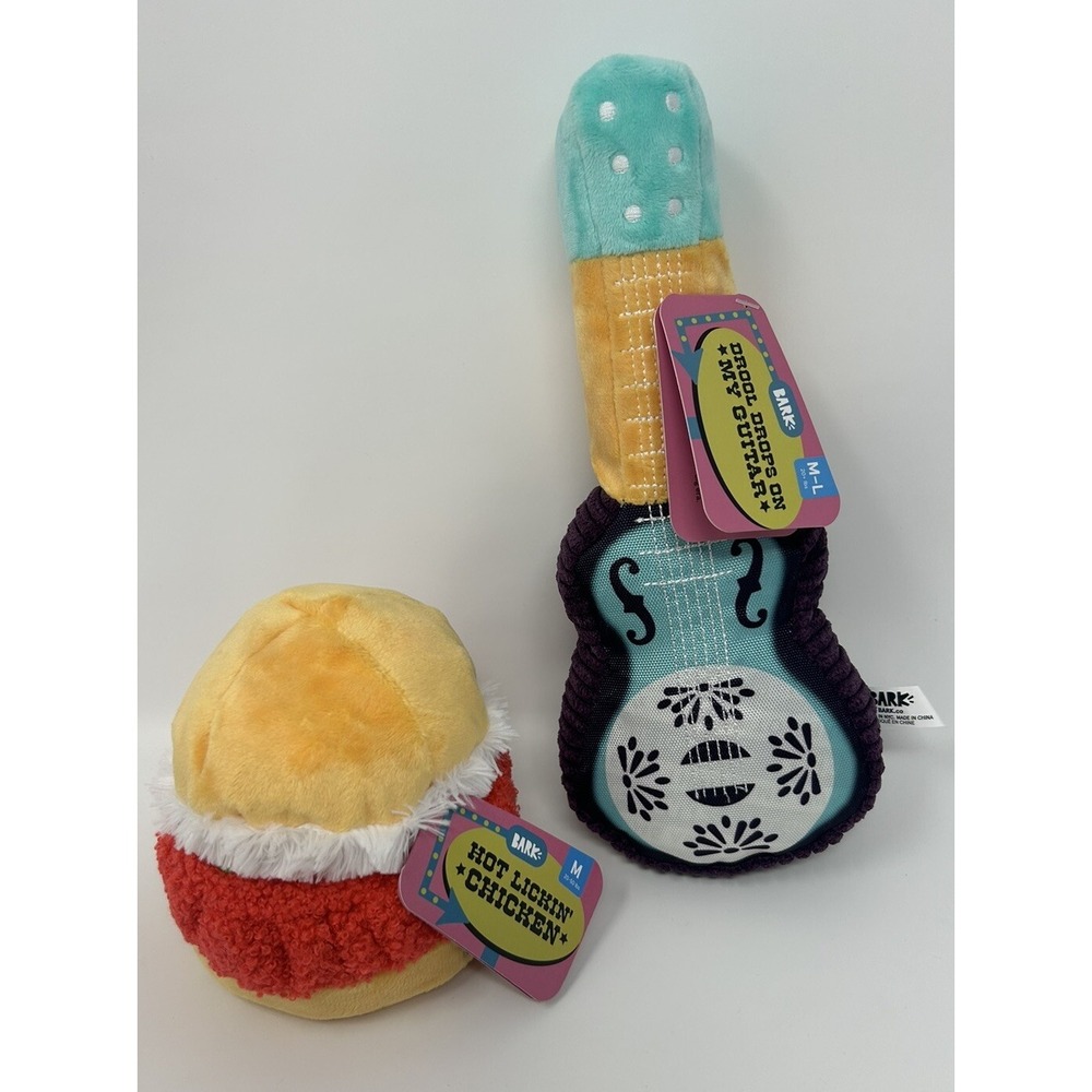 2 Pack Bark Box Dog Toy 1 Drool Drops On My Guitar M-L/ 1 Hot Lickin Chicken Med